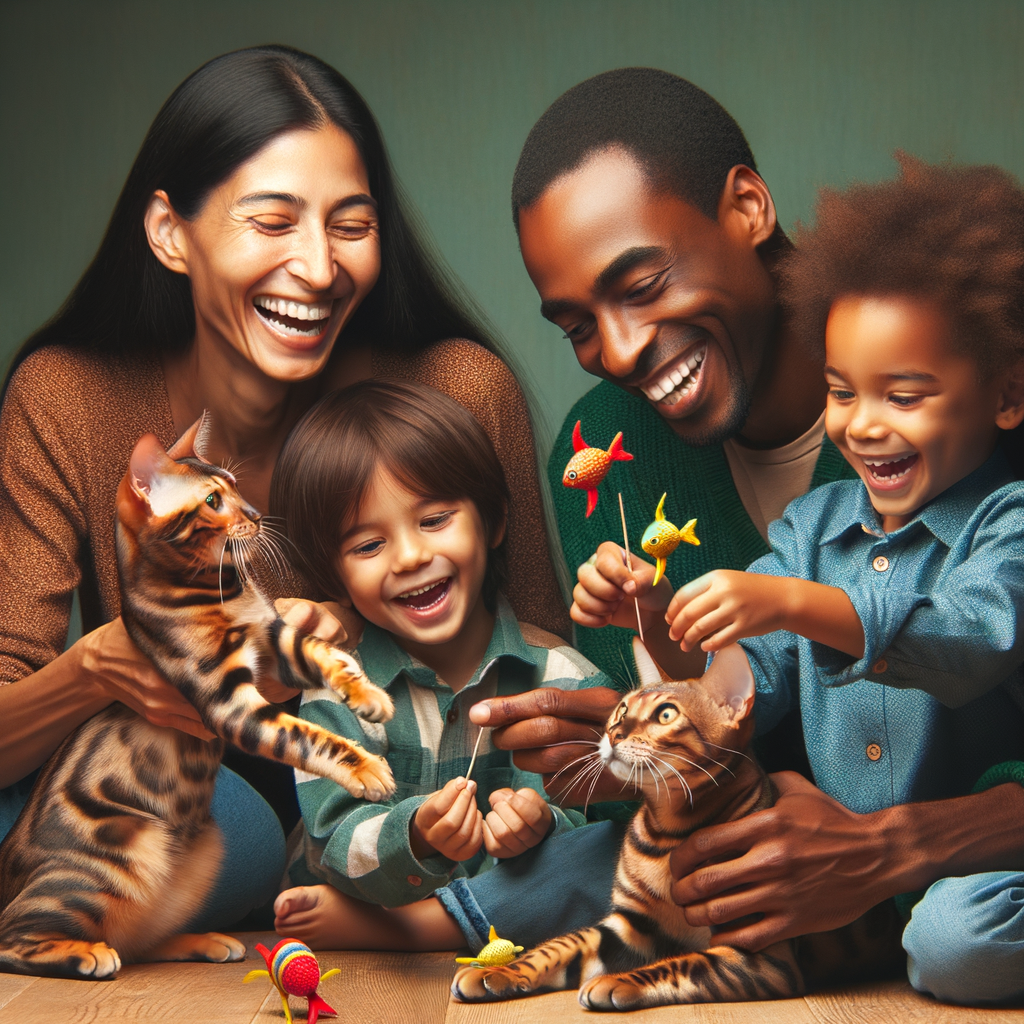 Joyful family and kids engaging in top family-friendly activities with playful Bengal cats, highlighting fun, interactive Bengal cats playtime and family fun.