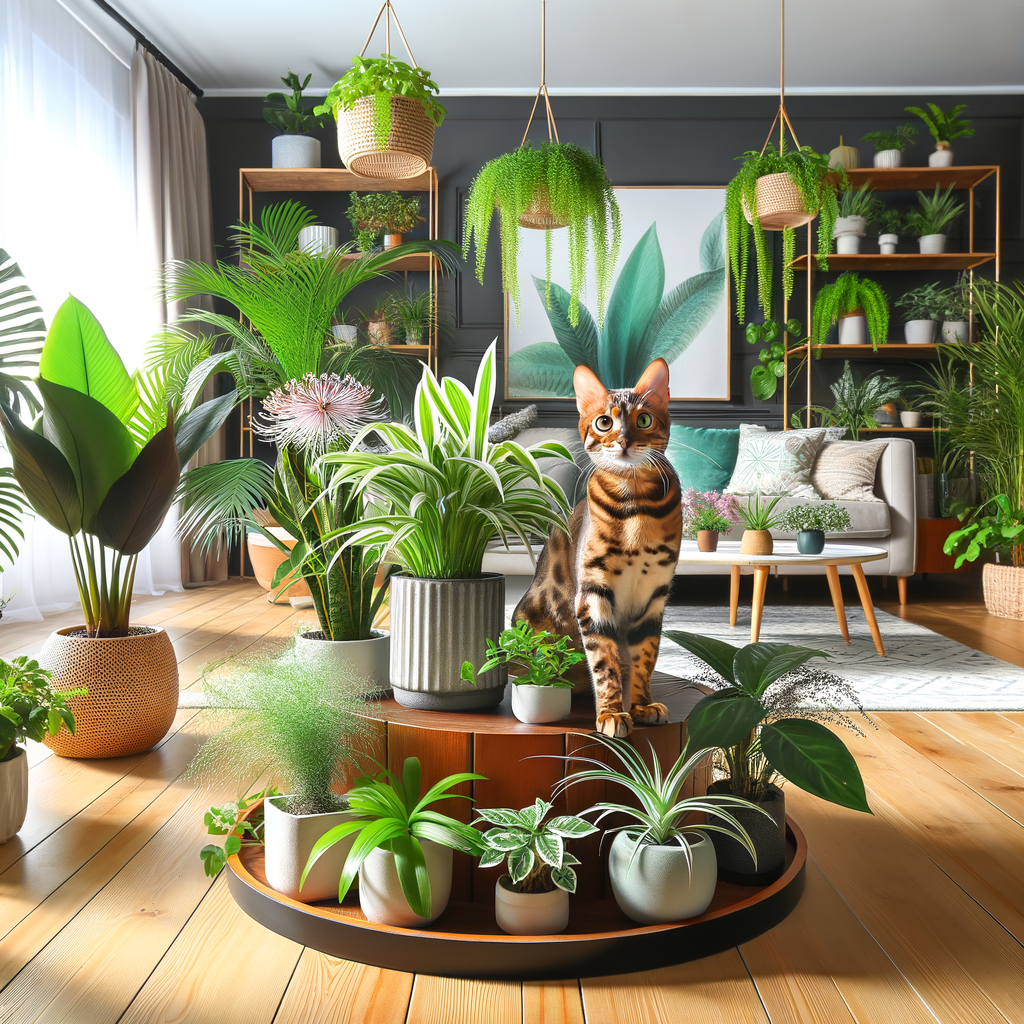 Bengal cat safely playing with non-toxic indoor plants in a stylish living room, showcasing the best cat-friendly houseplants safe for pets.