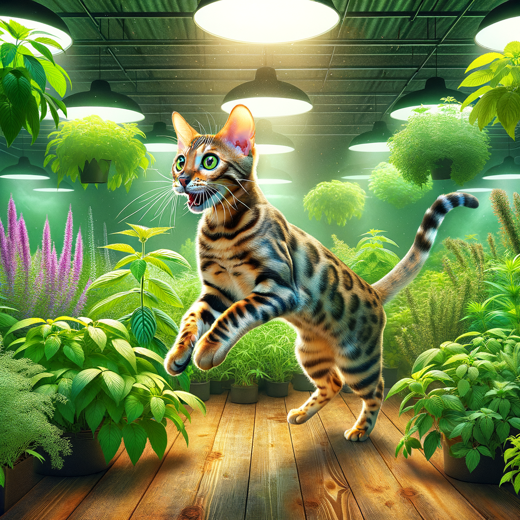 Bengal cat joyfully interacting with top easy-to-grow catnip varieties in a vibrant indoor garden, illustrating the ease of cultivating Bengal cat friendly plants at home.