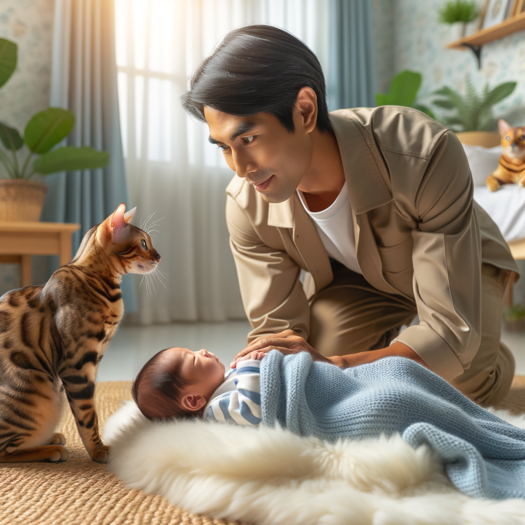 Bengal Cat trainer demonstrating behavior adjustment techniques for introducing Bengal Cat to newborn baby, ensuring baby's safety and preparing pet for new baby in a nurturing home environment