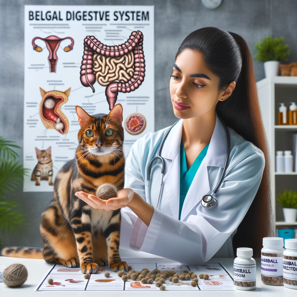 Veterinarian demonstrating hairball prevention techniques for Bengal cat health, with a chart of the cat digestive system and hairball remedies for optimal feline digestive health and Bengal cat care.