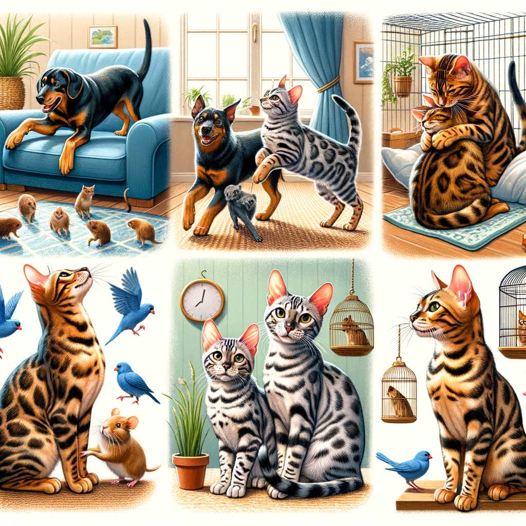 Bengal cats behavior illustration showcasing their interaction, socialization, and compatibility with dogs, other cats, and small pets in a household setting, reflecting their temperament and interaction skills.