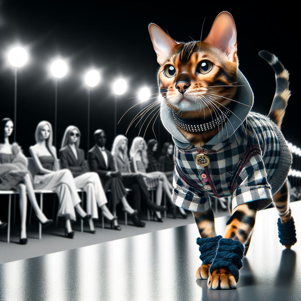 Bengal cat fashion icon showcasing latest pet fashion trends on catwalk, exemplifying influential pet fashion and Bengal cat style