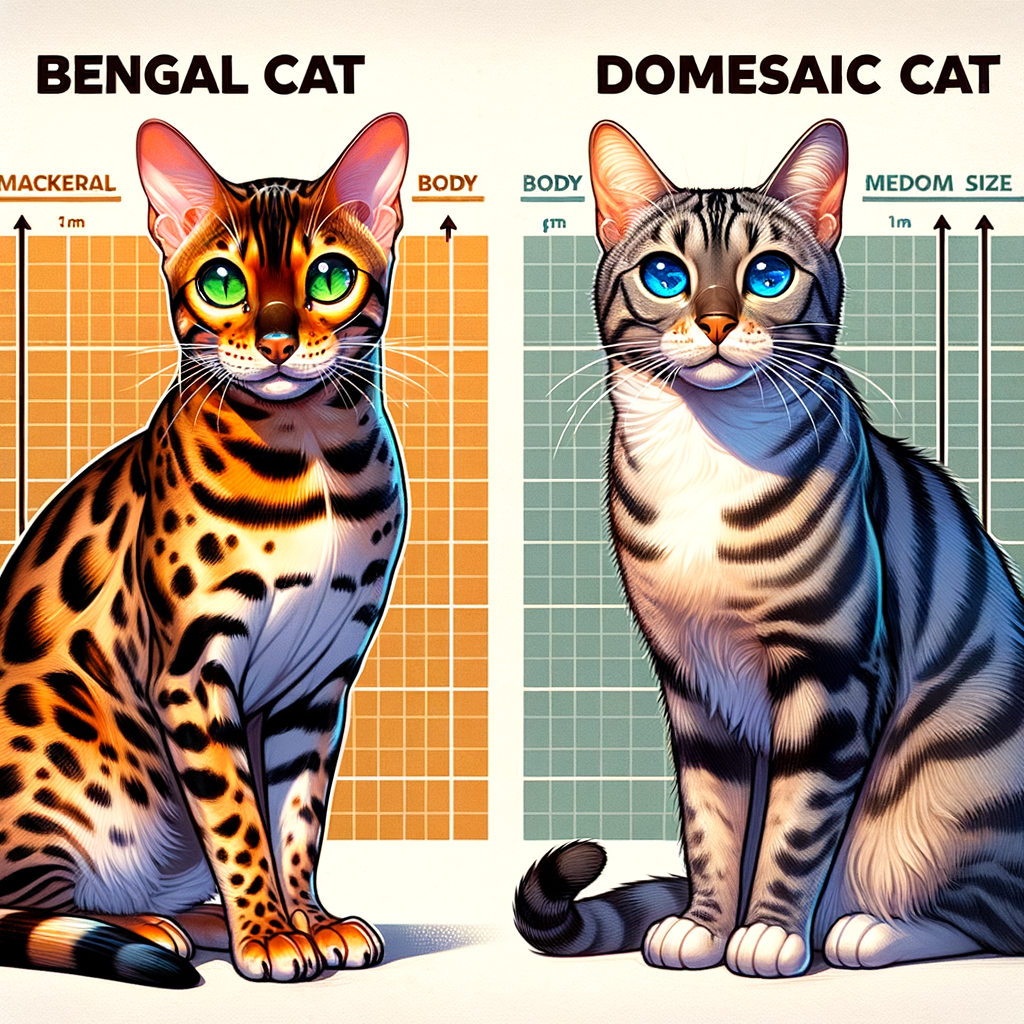 Side-by-side comparison of Bengal cat and domestic house cat, highlighting Bengal cat characteristics and house cat traits, differences in coat patterns, body size, eye color, activity level, and playfulness for identifying Bengal cats.