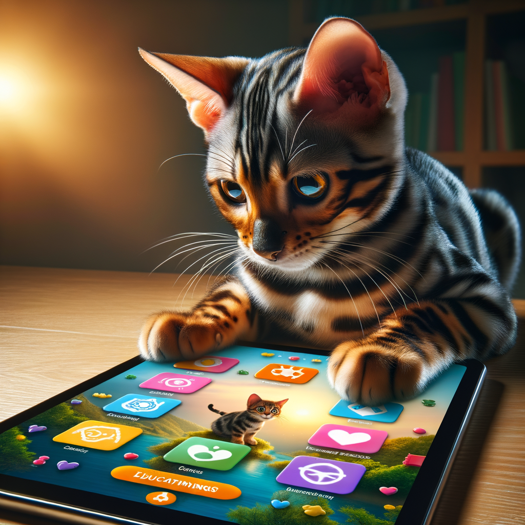 Bengal cat engaging with a colorful cat educational app on a tablet, showcasing the innovative approach of Bengal cat learning apps for interactive cat education and training.