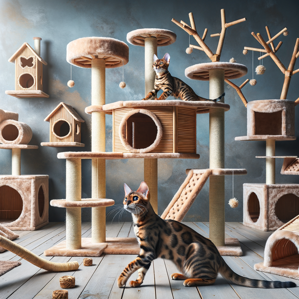 Bengal cat enjoying homemade DIY cat climbing structures including a cat tree, climbing tower, and activity structures, showcasing easy-to-make Bengal Cat DIY projects.