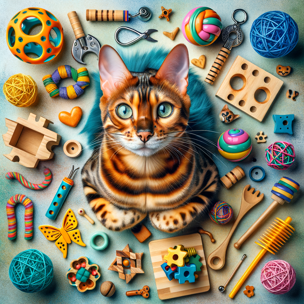 Assortment of homemade Bengal cat toys including DIY cat puzzle toys and brain teaser cat toys, highlighting the joy of crafting cat toys for Bengal cat enrichment and brain games