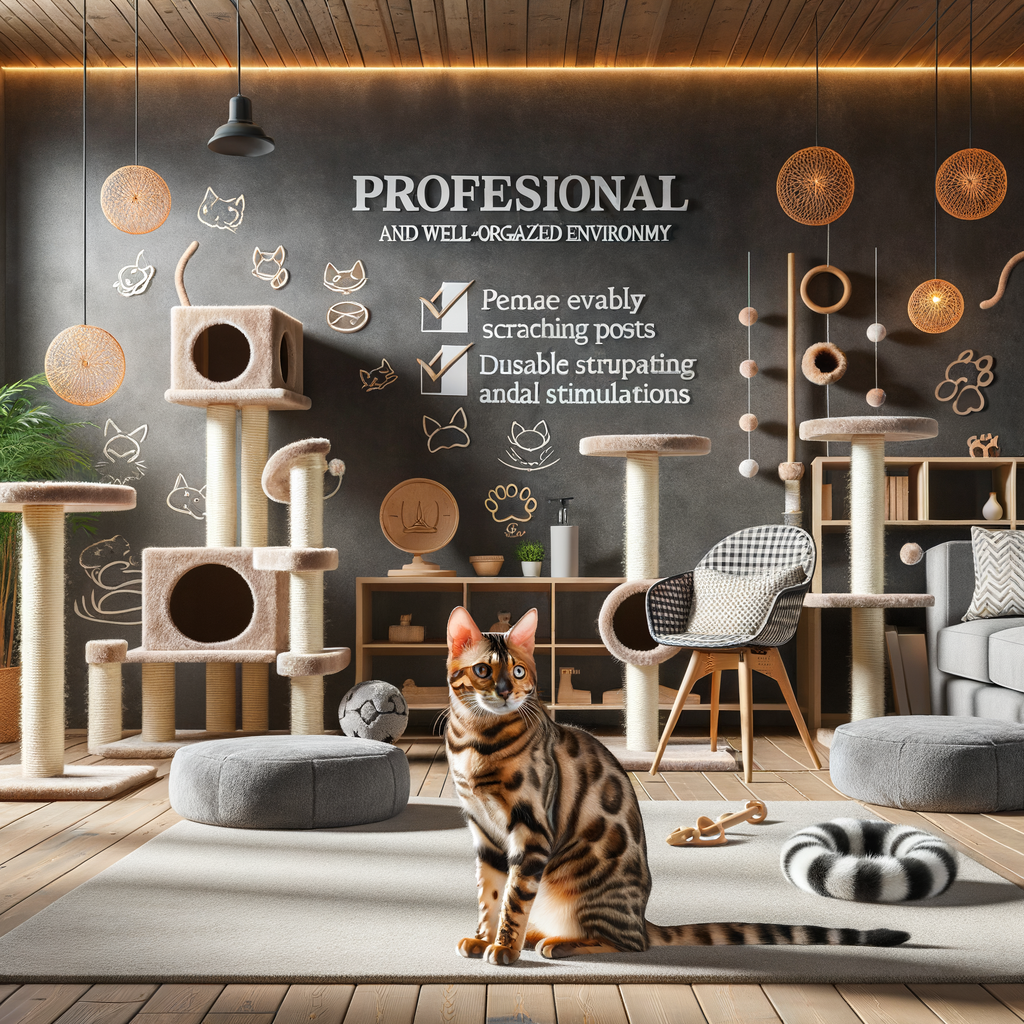 Bengal cat friendly home setup showcasing Bengal cat care elements like cat trees, scratching posts, and interactive toys for optimal Bengal cat behavior and home adaptations
