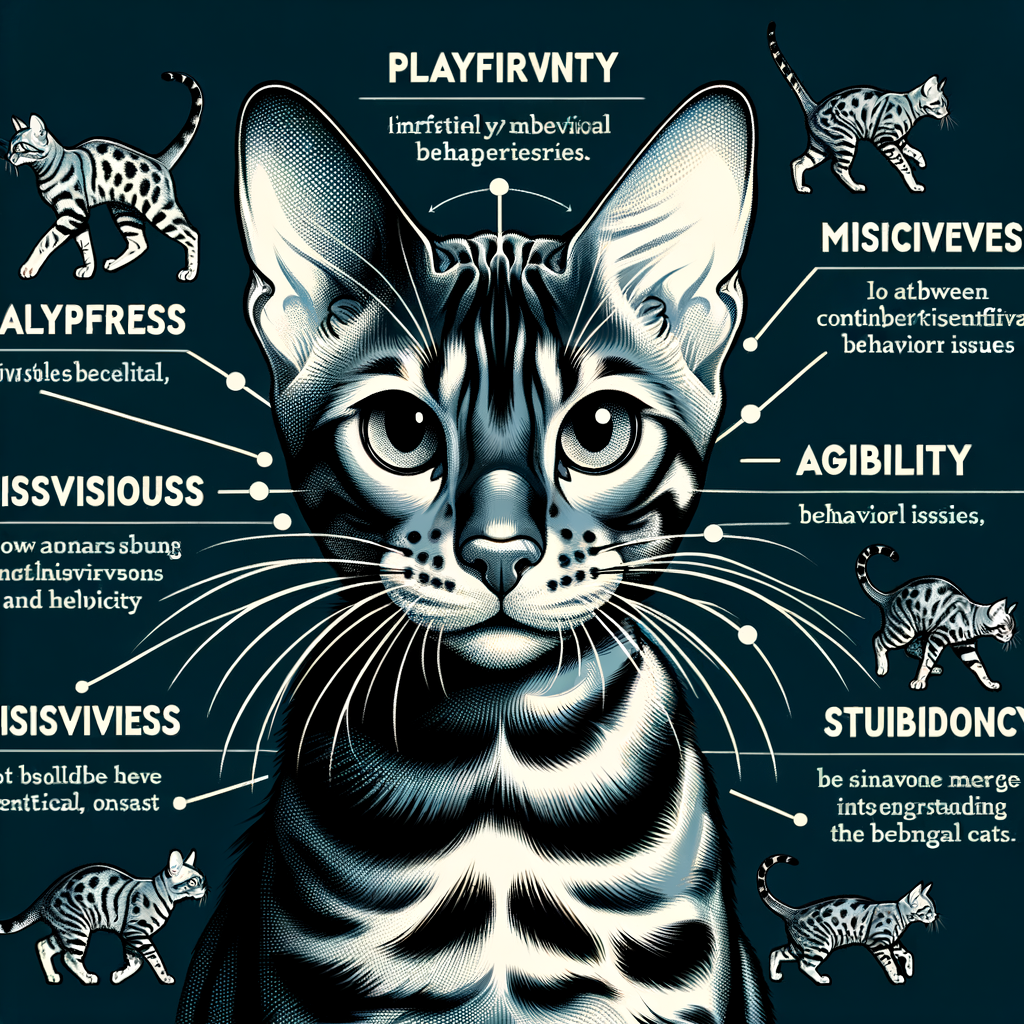 Bengal cat traits illustration showcasing typical Bengal cat behavior patterns, personality, normal habits, and potential behavior issues for understanding Bengal cat behavior