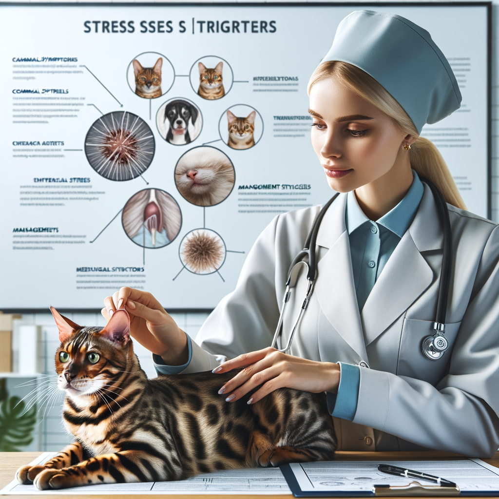 Veterinarian examining Bengal cat for stress symptoms, identifying triggers and demonstrating stress management strategies, highlighting the effects of stress on Bengal cats' behavior and health