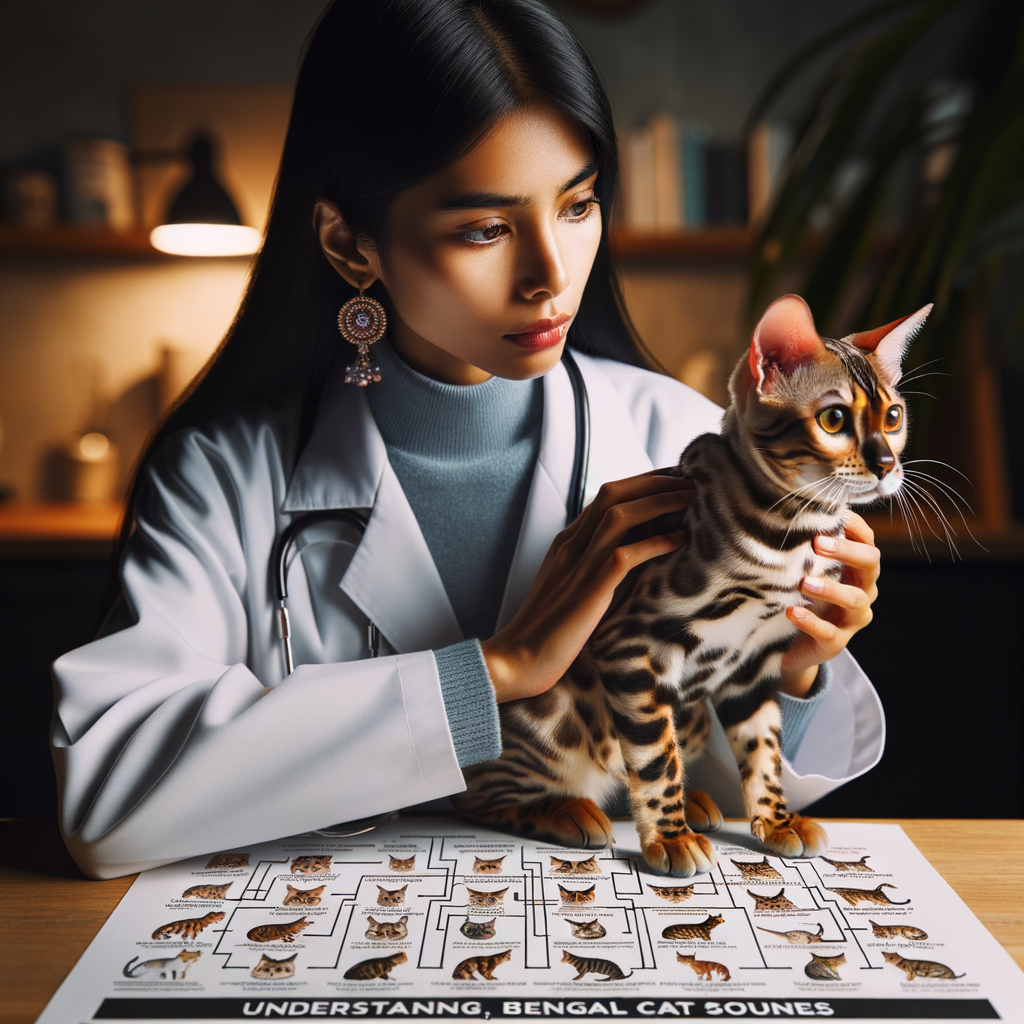 Veterinarian analyzing Bengal cat sounds chart for understanding Bengal cat noises, vocalizations, and behavior, emphasizing on decoding and interpreting common sounds of Bengal cats for better communication.