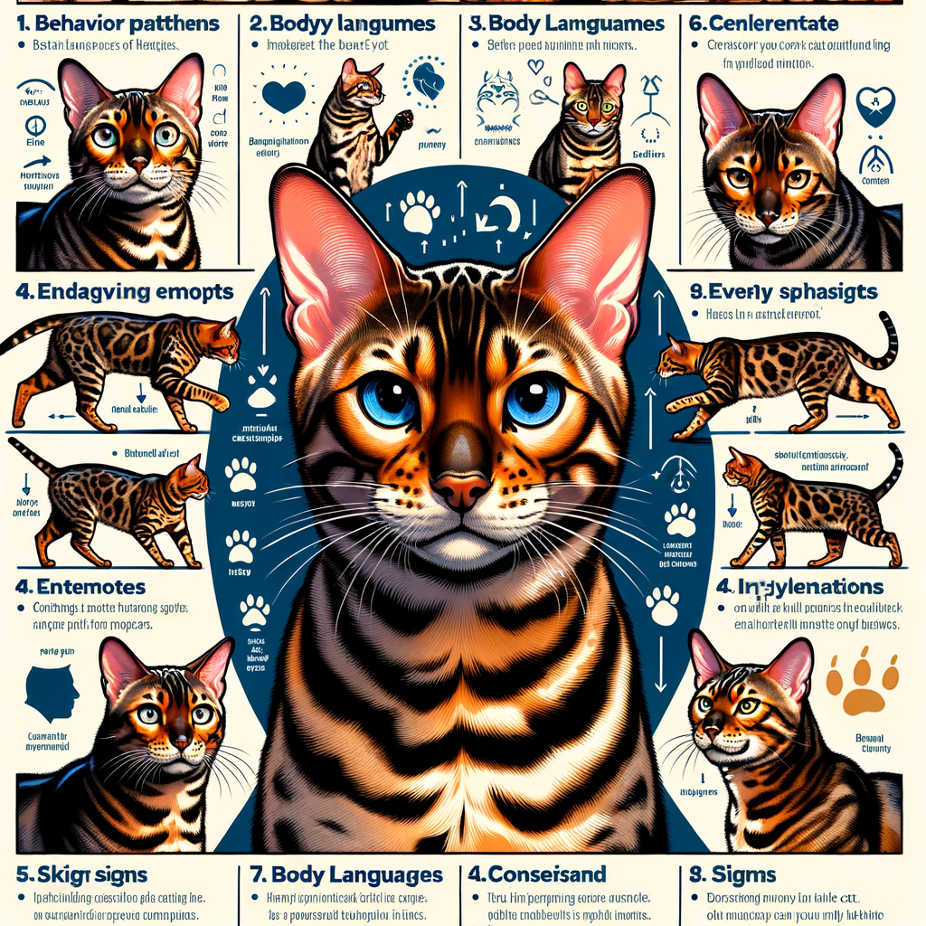 Infographic demonstrating Bengal Cat Behavior Patterns, Interpreting Bengal Cat Emotions, Recognizing Mood Signs and Changes for Understanding Bengal Cat Body Language and Temperament.