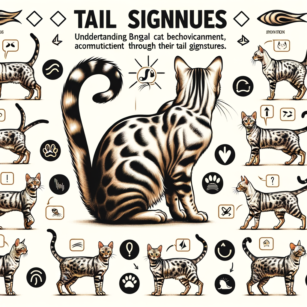 Infographic illustrating Bengal Cat Behavior through various Bengal Cat Tail Positions and Movements such as wagging and twitching, aiding in Understanding Cat Body Language and Interpreting Cat Tail Movements for better Bengal Cat Communication.