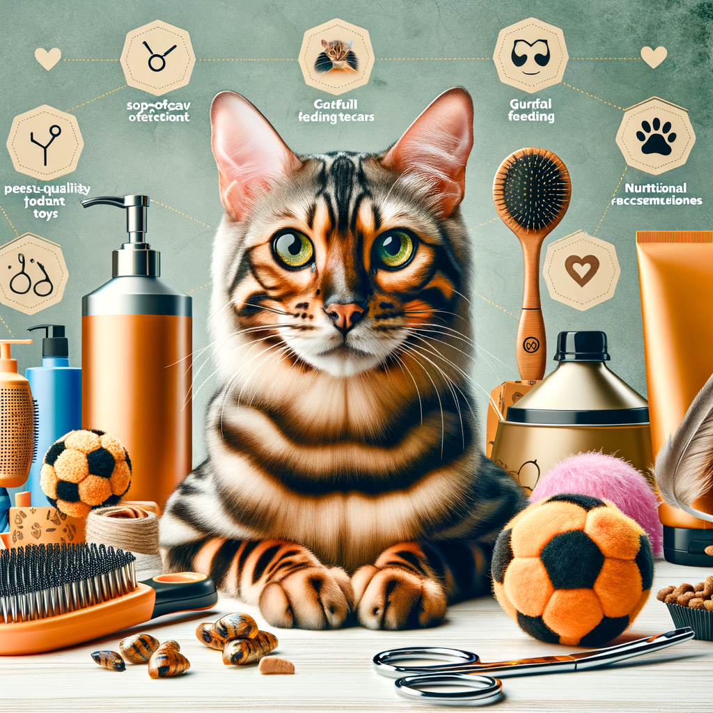 Top-rated Bengal Cat pet products, including toys, grooming tools, and feeding accessories, recommended for Bengal Cat care and essentials, with positive product reviews backdrop.