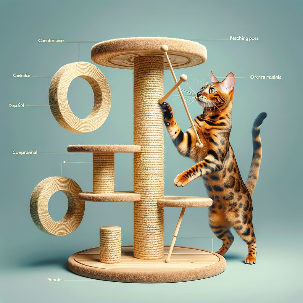 Bengal cat enjoying a DIY cat furniture scratching post, showcasing stylish and functional design for Bengal cat care and accessories