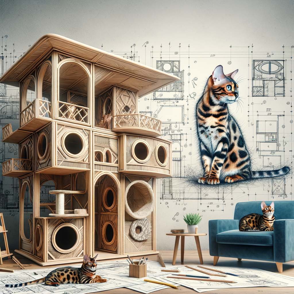 Stylish Bengal Cat Condo showcasing DIY Cat Furniture designs, Homemade Cat Condos, and DIY Bengal Cat House project with detailed DIY Cat Condo Plans in the background.