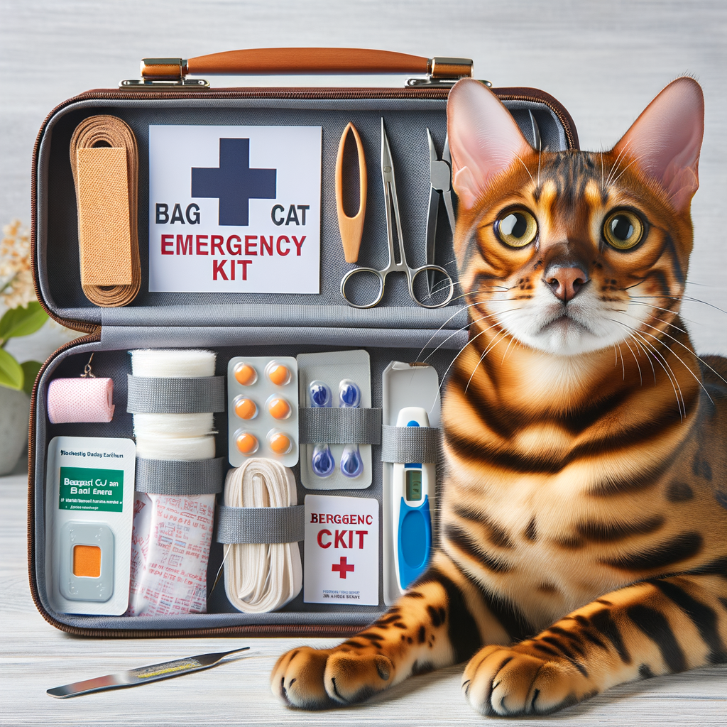 Bengal Cat Care essentials featuring a well-organized Bengal Cat Emergency Kit with Essential Items for Cat First Aid Kit, emphasizing Bengal Cat Health and the importance of preparing a Cat First Aid Kit.