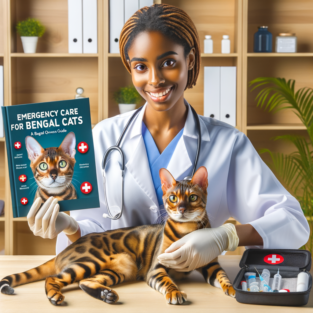Veterinarian demonstrating first aid for Bengal cats, highlighting Bengal cat health issues and care, with a cat first aid kit and 'Emergency Care for Bengal Cats: A Bengal Cat Owners Guide' book in the background.