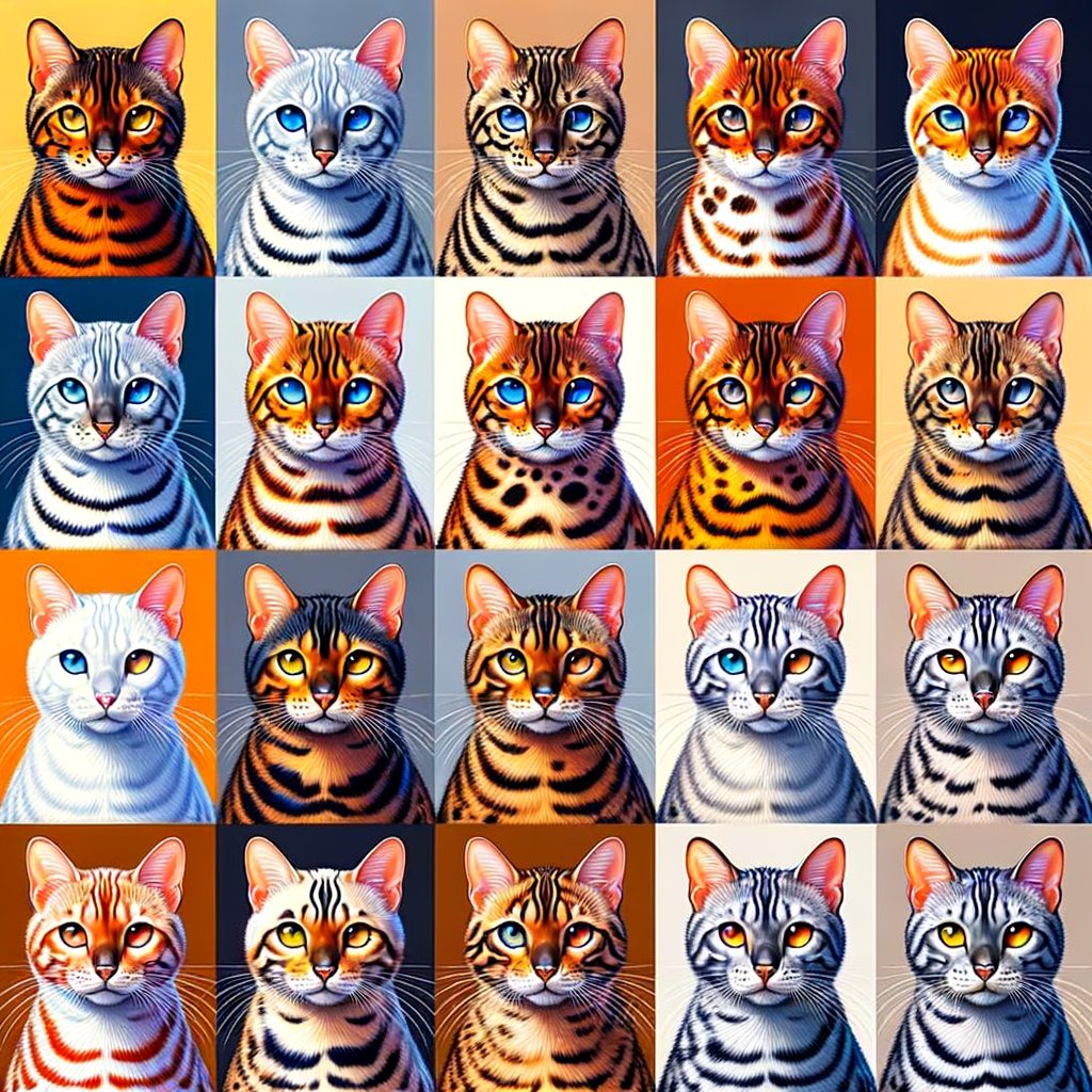 Infographic illustrating the various Bengal Cat Coat Varieties, highlighting the unique Bengal Cat Colors and Patterns, and showcasing the distinct differences in Different Bengal Cat Coats.