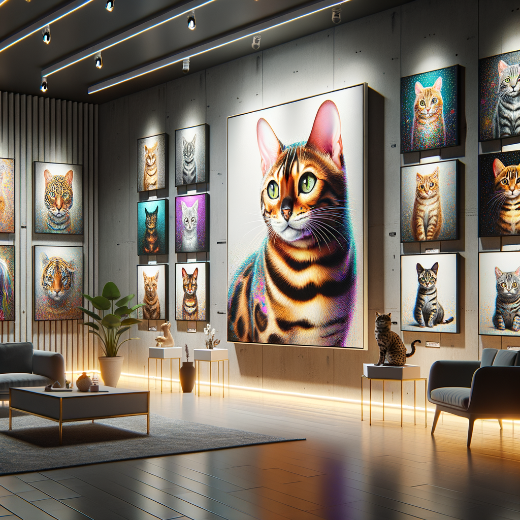 Vibrant Bengal cat artwork showcased at a feline art exhibition in a spacious, well-lit cat themed art gallery featuring a variety of cat-inspired art pieces, including Bengal cat paintings.