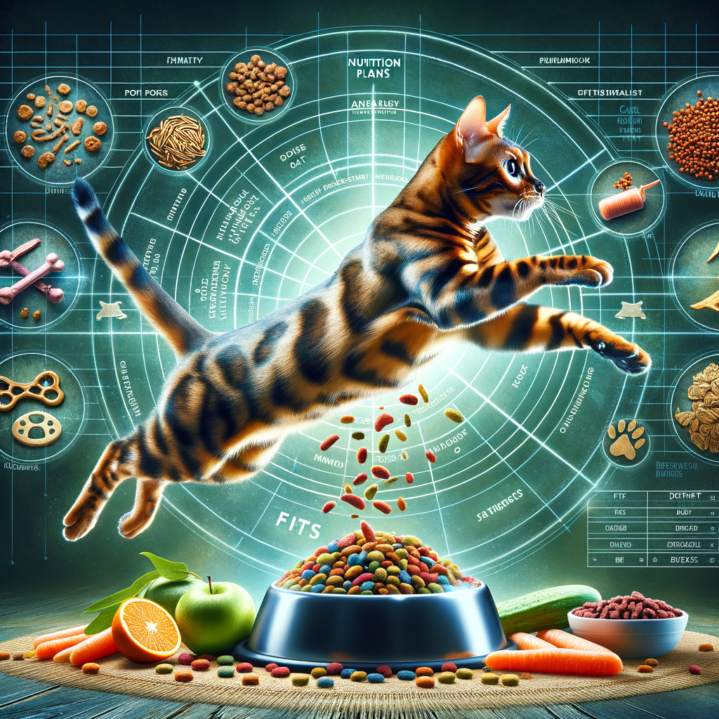 Bengal cat leaping towards a bowl of healthy cat food, illustrating Bengal Cat Diet, Active Cat Nutrition, and Bengal Cat Fitness with background of diet plan and fitness symbol for Cat Exercise Diet, Bengal Cat Food Recommendations, and Nutritional Needs of Active Cats.