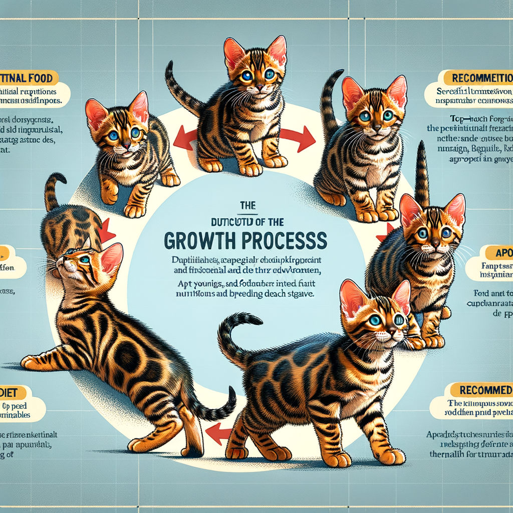 Infographic detailing Bengal kitten growth stages, emphasizing Bengal kitten nutrition, diet, feeding guide, food requirements, and the importance of best food for their health and development.