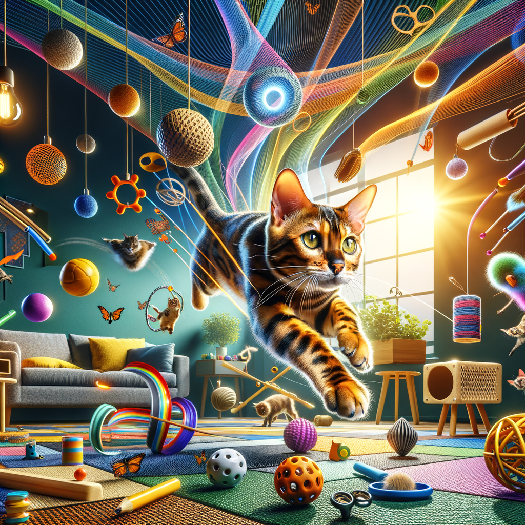 Bengal cat engaging in indoor activities for entertainment, playing with innovative toys, participating in interactive games, and exploring stimulation ideas to keep busy and enrich behavior.