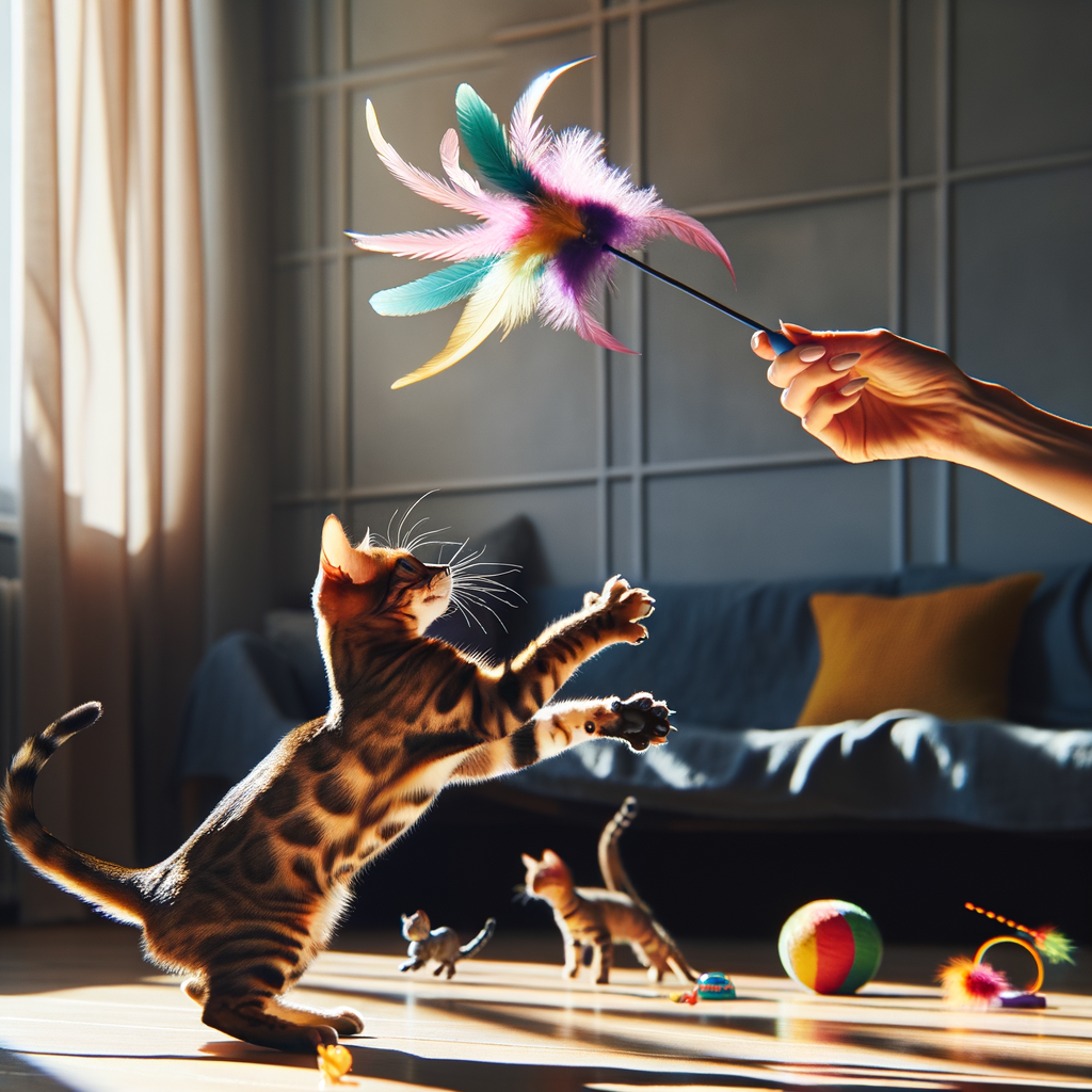 Bengal cat engaging in a fun indoor game, showcasing easy and interactive Bengal cat play ideas for activity and entertainment