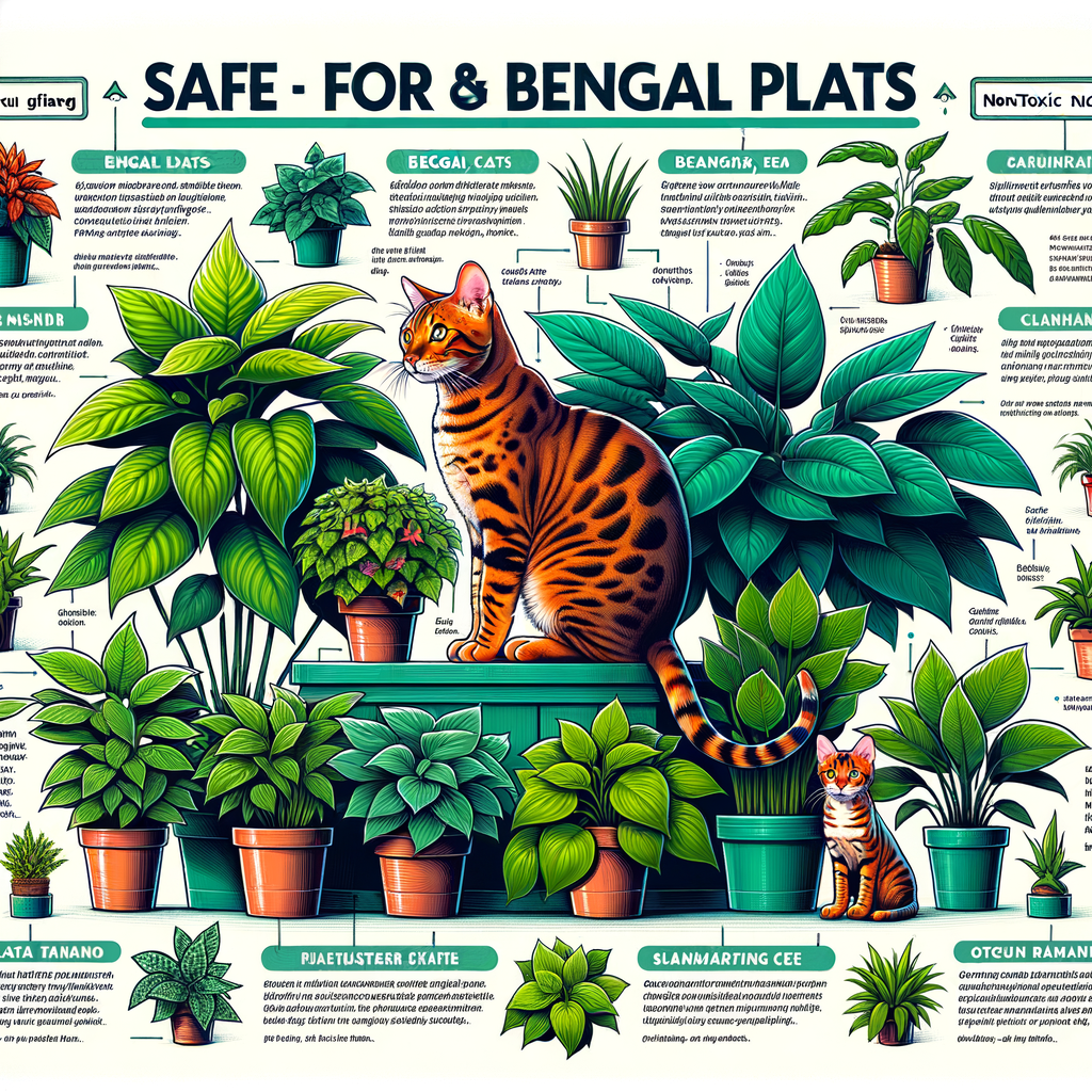 Bengal cat safely interacting with pet-friendly indoor plants, showcasing a variety of non-toxic houseplants safe for Bengal cats in a professional greenery guide for cats infographic.