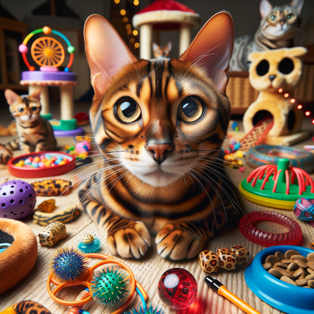 Bengal cat enjoying indoor games like interactive toys and puzzle feeders, showcasing fun and stimulating play ideas for Bengal cat entertainment