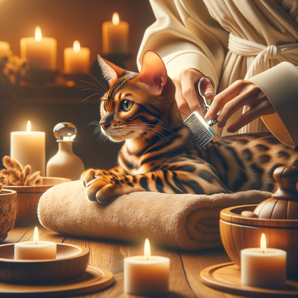 A content Bengal cat enjoying luxury spa treatments at a Bengal Cat Spa, highlighting professional cat spa services and luxury cat care for a pampering cat spa day.