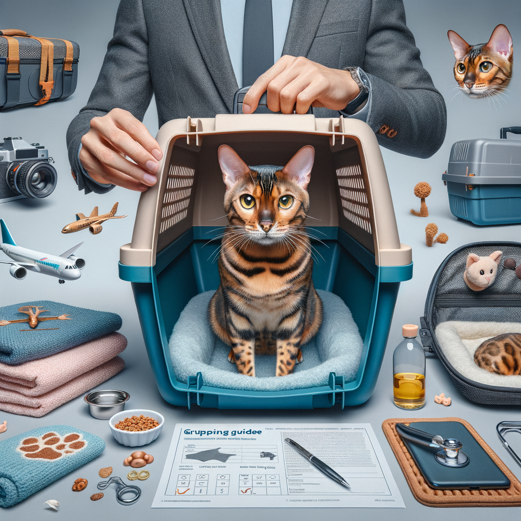 Bengal Cat owner following a Bengal Cat Travel Guide, preparing a safe and comfortable travel carrier with essential items, showcasing Bengal Cat Travel Tips for traveling safely with pets