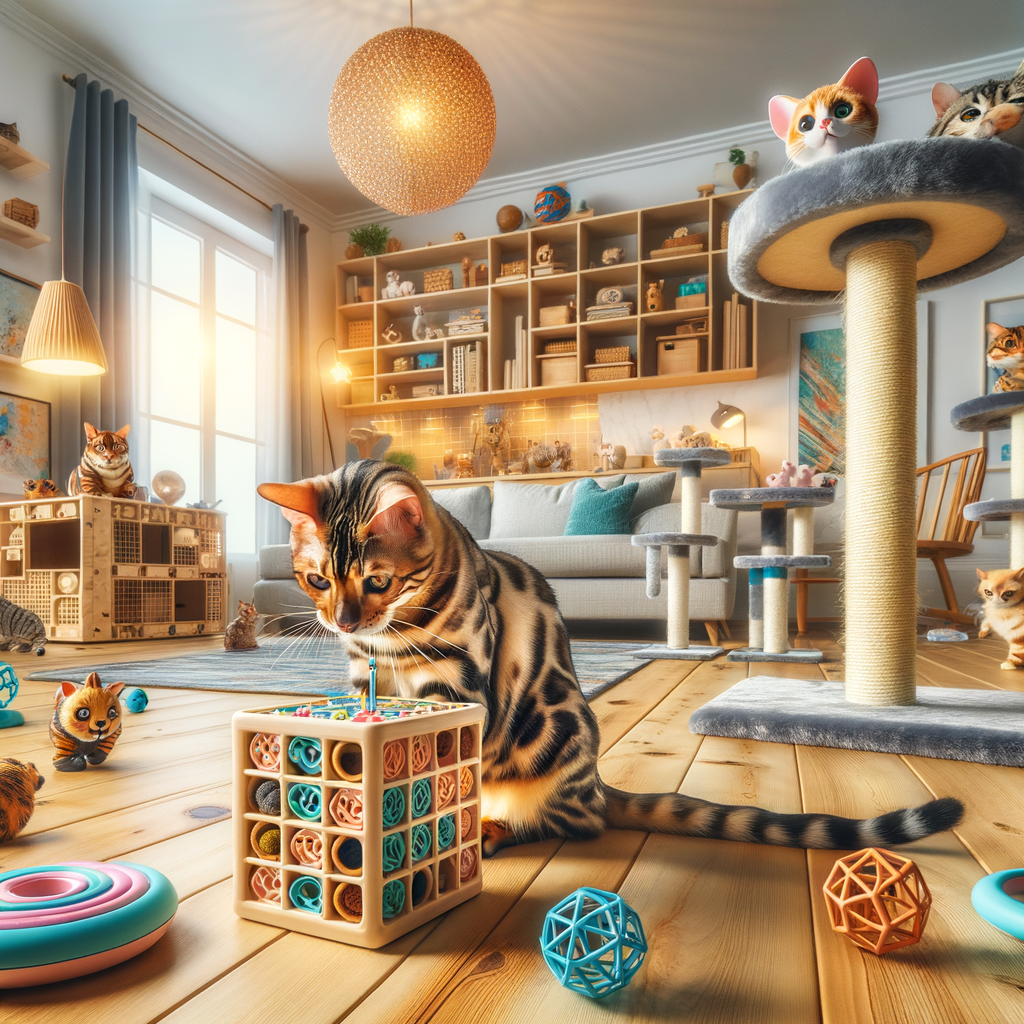 Bengal cat engaging with puzzle feeder and various toys in a well-lit room, illustrating Bengal cat entertainment and stimulation for keeping Bengal cats busy while away.