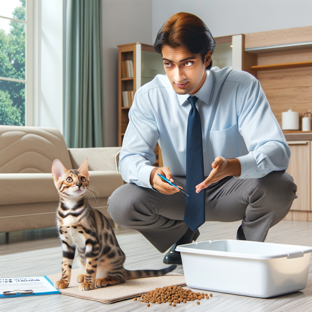 Professional Bengal cat trainer demonstrating easy litter training methods to a Bengal kitten with cat care items in a clean home environment for effective Bengal cat litter training.