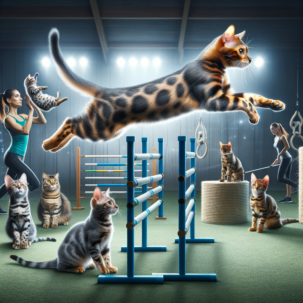 Bengal cat demonstrating advanced agility techniques on a course, highlighting the progression from beginner to pro Bengal cat training