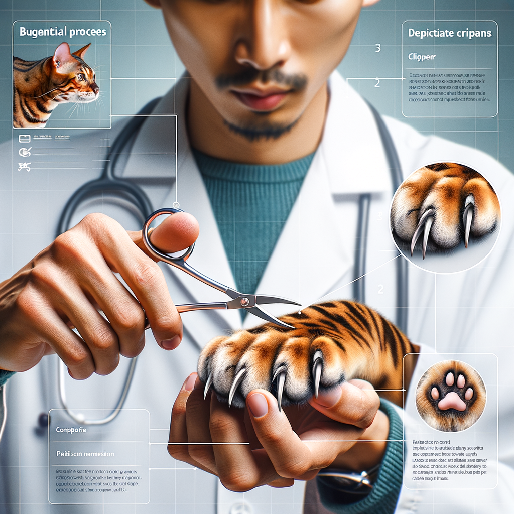 Veterinarian demonstrating Bengal Cat Claw Care, trimming claws with specialized tools, with a sidebar guide on Bengal Cat Health and Claw Maintenance tips