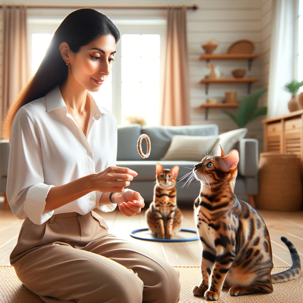 Bengal Cat Trainer demonstrating easy Bengal Cat Training methods and teaching simple tricks to attentive Bengal Cat in a home environment for effective Bengal Cat Behavior Training.