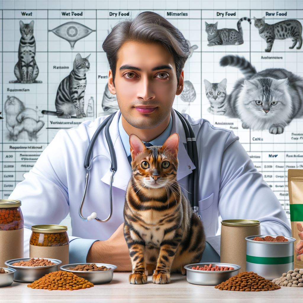 Veterinarian demonstrating Bengal Cat Feeding Guide, showcasing best food for Bengal cats, emphasizing on Bengal Cat Nutrition and Dietary Needs for a healthy diet