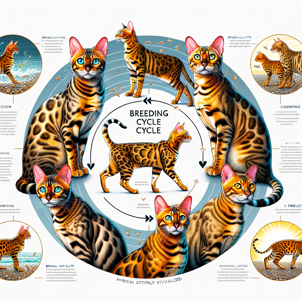 Infographic illustrating Bengal cat breeding cycle, mating process, and tips for successful pairing as a comprehensive guide on how to breed Bengal cats.