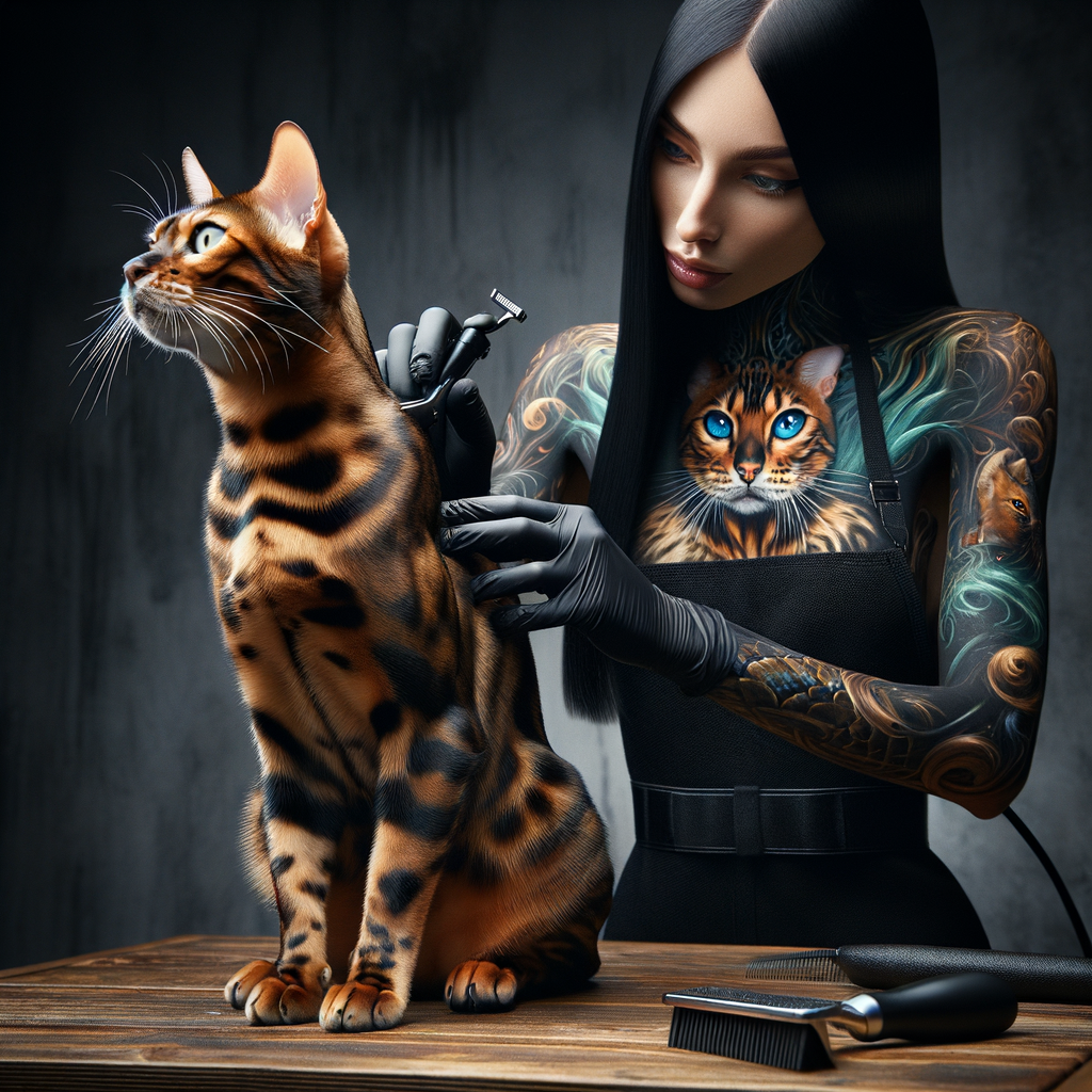 Professional groomer demonstrating Bengal Cat Coat Care and Grooming Techniques for a shiny, healthy coat, providing visual Grooming Advice for maintaining a Sleek Coat for Bengal Cats.