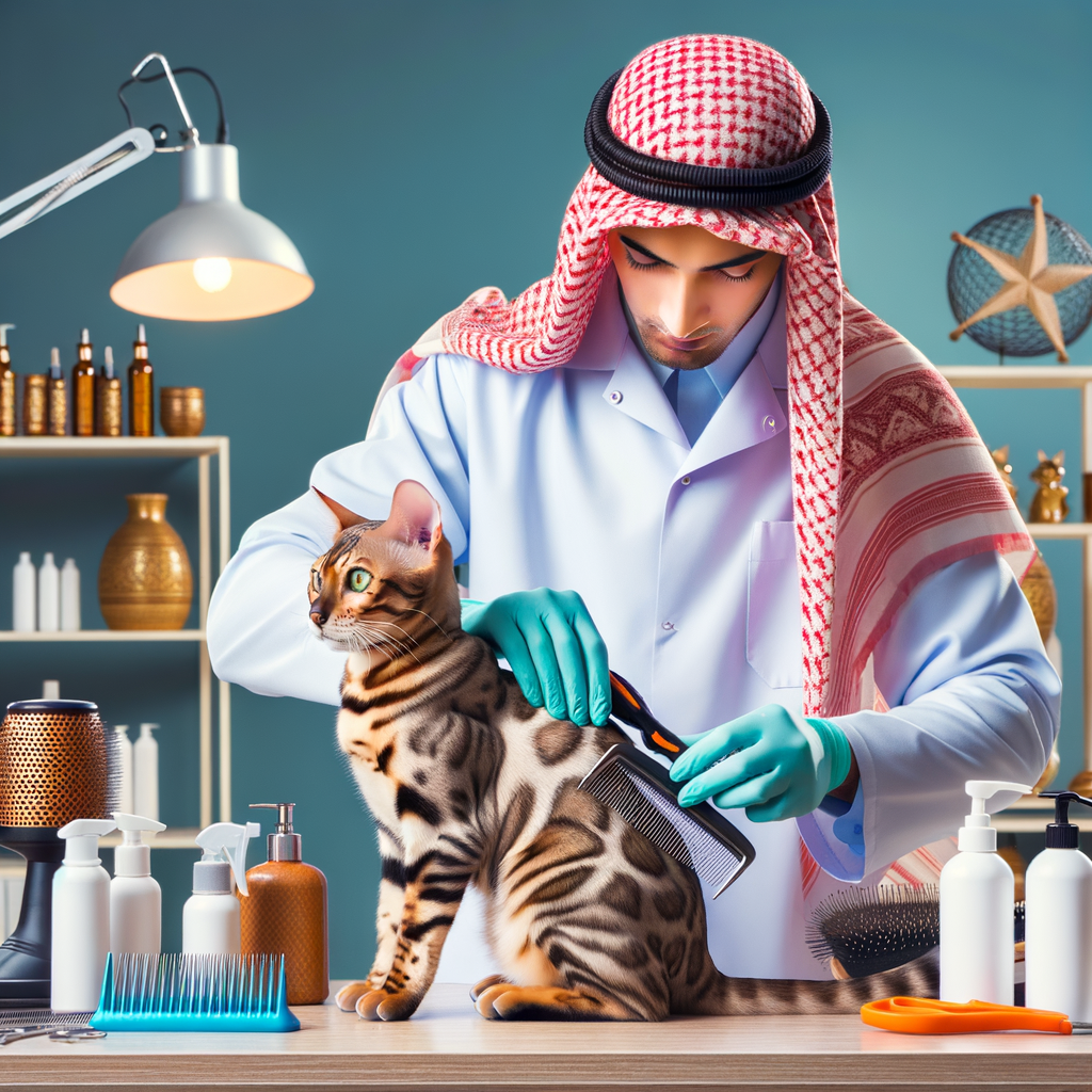 Professional Bengal cat groomer demonstrating Bengal cat grooming techniques with specialized comb, showcasing Bengal cat hair care products and shedding solutions, highlighting tips to reduce cat shedding for effective Bengal cat fur maintenance.