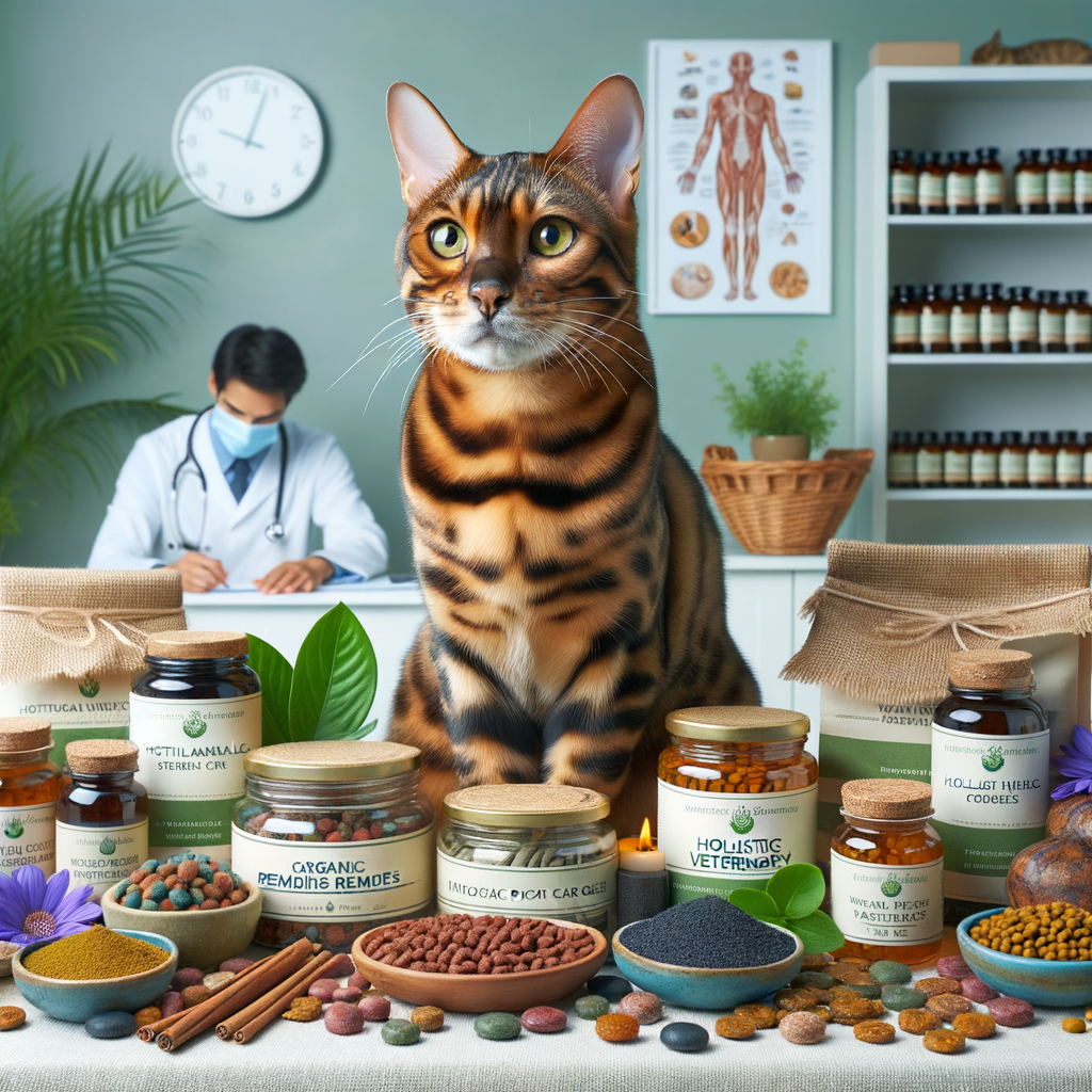 Bengal cat demonstrating holistic health by sitting amidst natural remedies and nutritious food options at a holistic veterinary clinic, emphasizing Bengal cat health, diet, and nutrition.