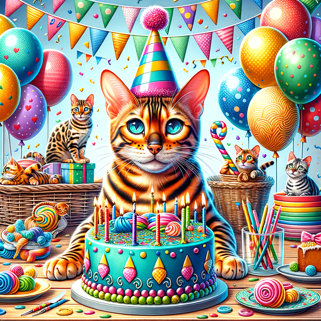 Bengal cat enjoying a DIY cat birthday party with cat-themed birthday decorations and a cat-shaped cake, showcasing creative Bengal cat party ideas for a fun cat birthday celebration.