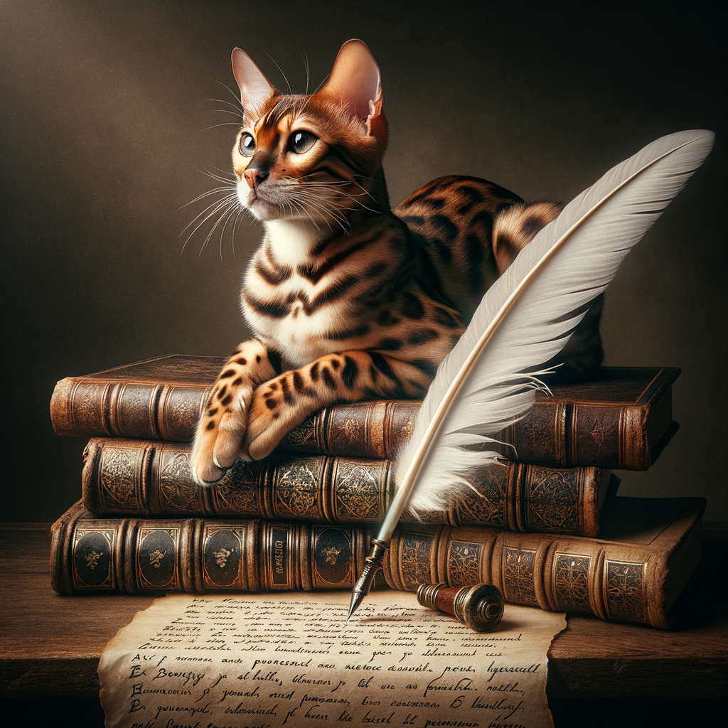 Elegant Bengal cat on antique poetry books with quill pen and parchment, embodying feline elegance and expressing cat emotions in verse for Bengal cat poetry.