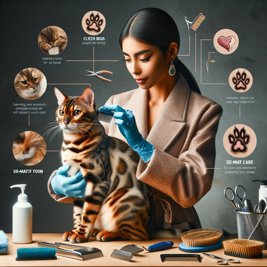 Bengal Cat groomer demonstrating Bengal Cat fur maintenance techniques for glossy fur health, with grooming tools and a fur care guide, providing easy fur care tips for Bengal Cats