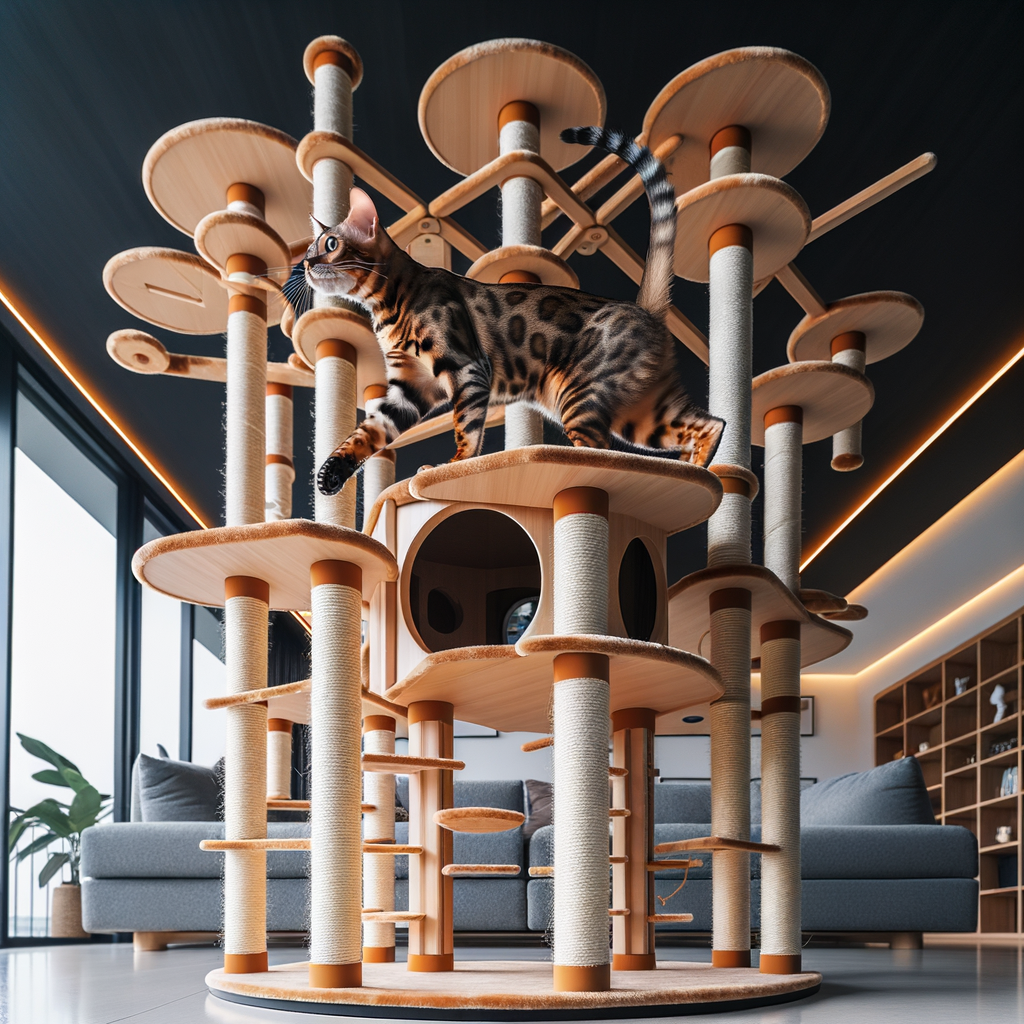 Bengal cat climbing indoor exploration tower, showcasing love for heights and highlighting safety measures for cats, a common Bengal cat behavior trait for high climbing and indoor exploration.