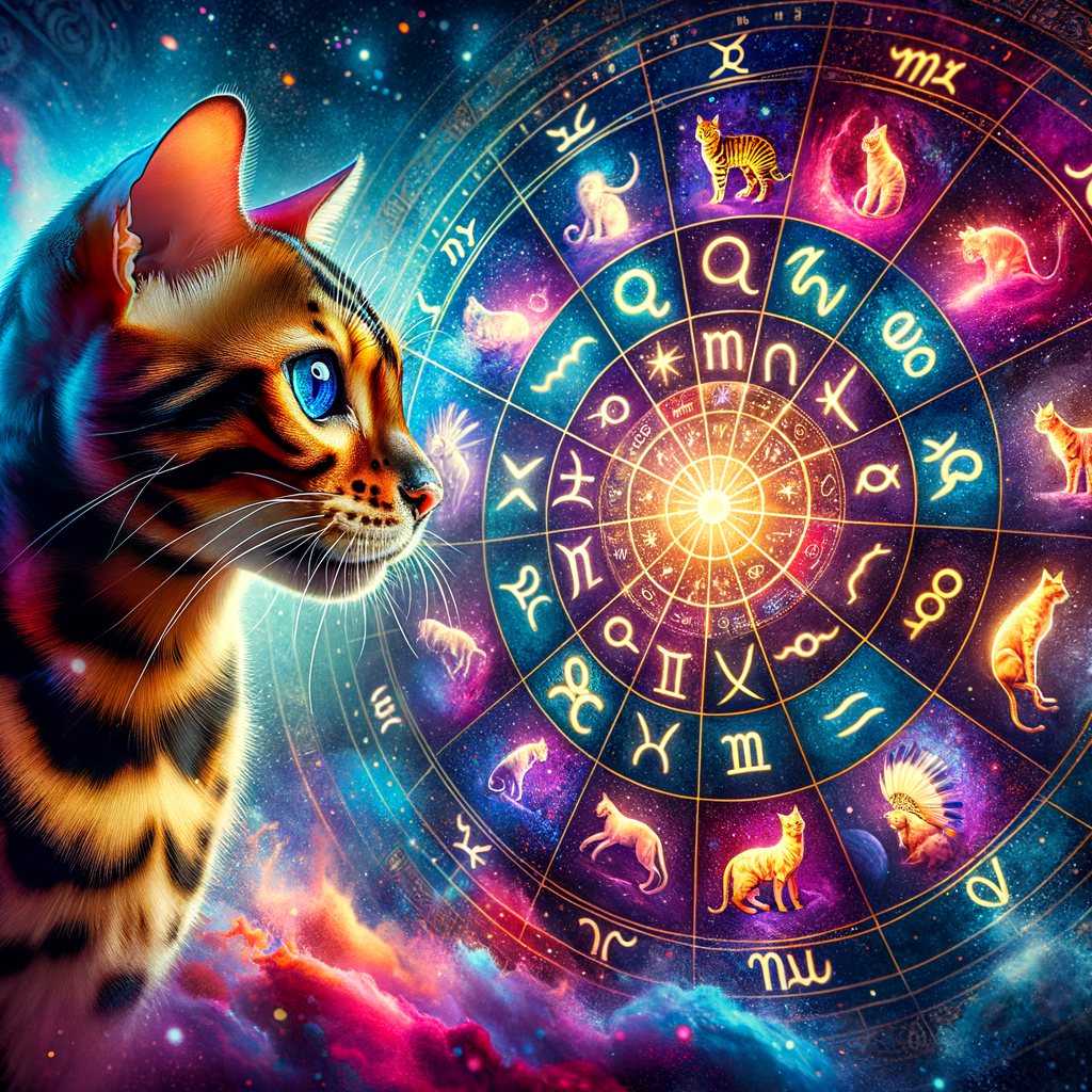 Bengal cat studying a zodiac chart, highlighting Bengal Cat Astrology and Cat Star Signs, showcasing Astrology for Cats and Cat Astrology Compatibility for Matching Cats with Zodiac.