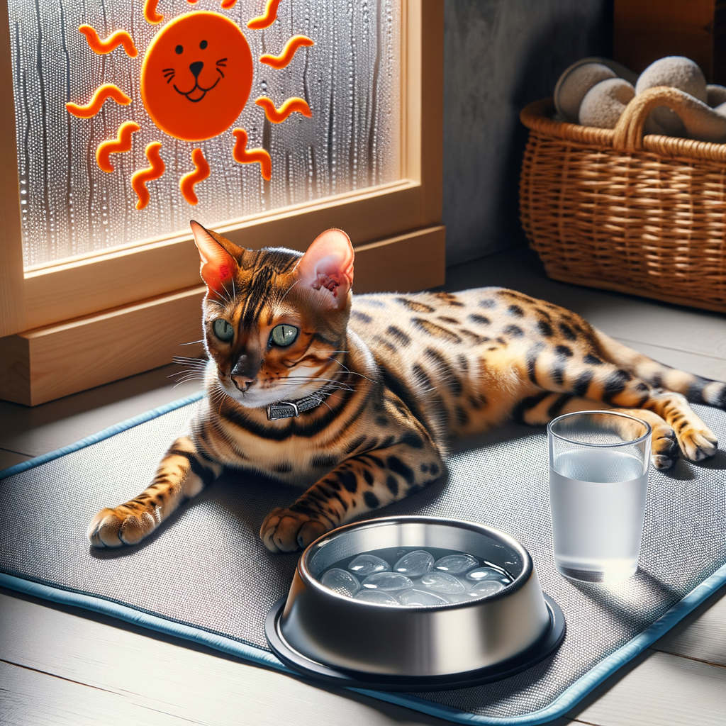 Bengal cat enjoying summer safety measures including heat protection and fresh water, demonstrating effective Bengal cat heat protection and summer care for cats.