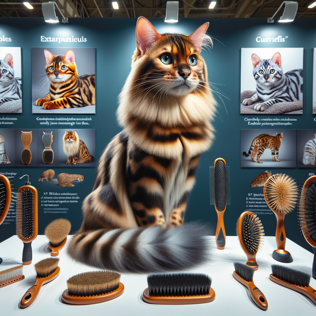 Close-up display of the best cat brushes and grooming tools for unique Bengal cat coat care, featuring a well-groomed Bengal cat, cat brush reviews, and grooming tips for Bengal cat fur maintenance.