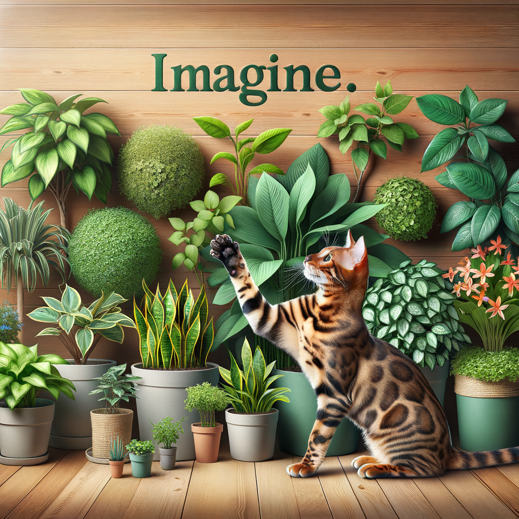Bengal cat playfully interacting with vibrant, low-maintenance, and non-toxic indoor plants, showcasing the best Bengal cat friendly plants for easy care and safe indoor gardening.